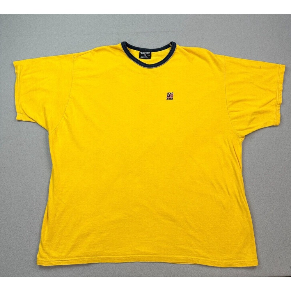 Vintage Polo Jeans Co Shirt Adult 2XL Yellow Blue Ringer Embroidered Logo 90s